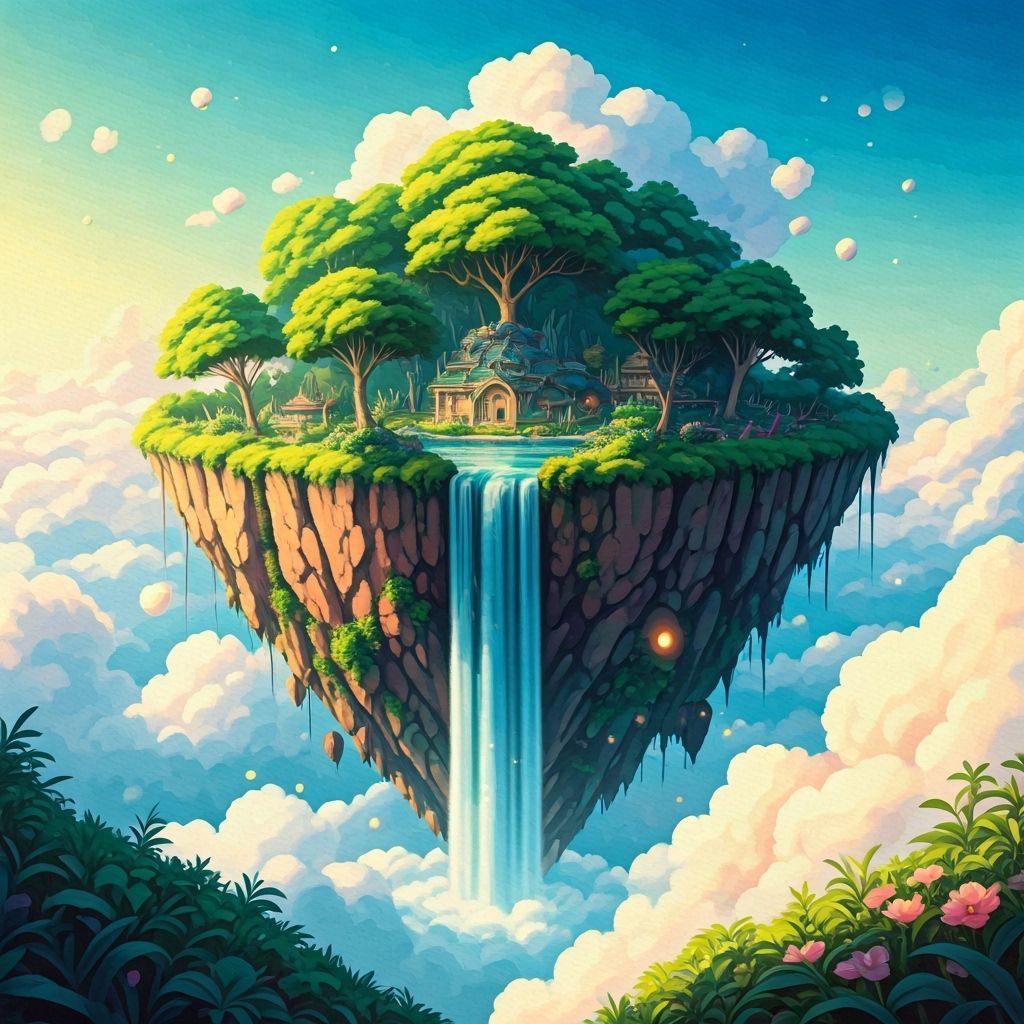Whimsical Watercolor Floating Island with Waterfall