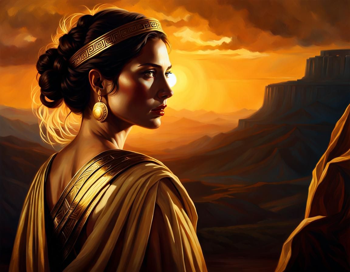 Empowered Woman in Ancient Greek Landscape, Oil Painting