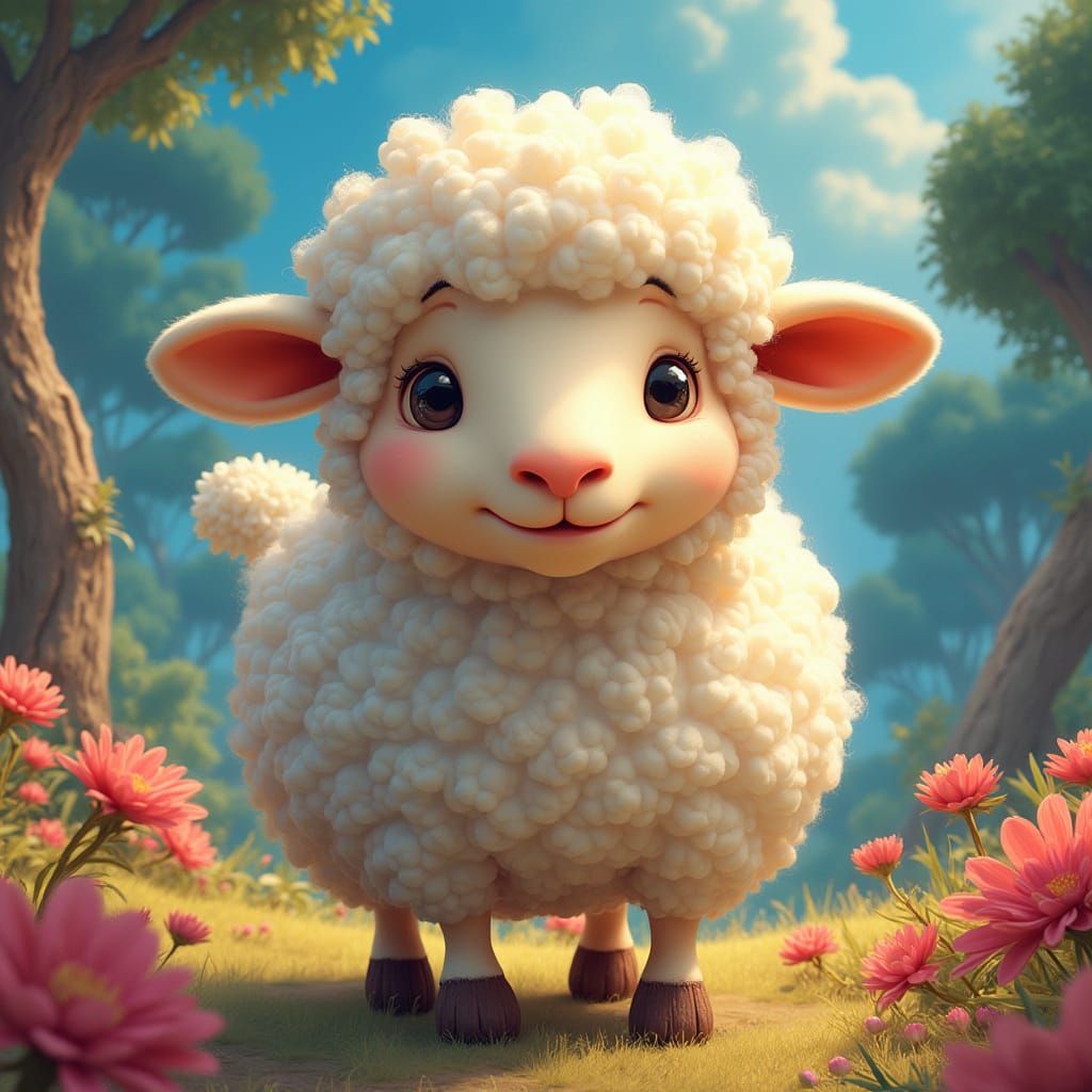 Whimsical Simpson-Inspired Sheep in Vibrant Dreamlike Landsc...