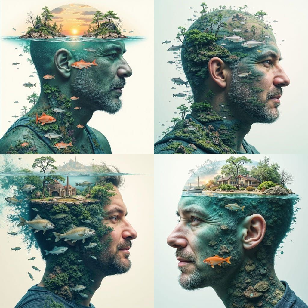 Surrealistic Double Exposure of a Man's Mindscapes
