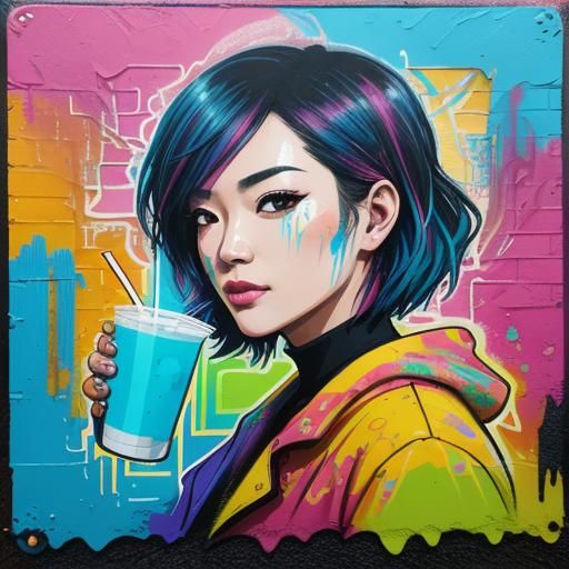Cheerful Bubble Tea Character in Vibrant Street Art