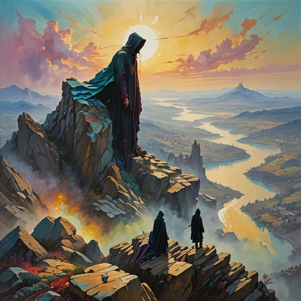 Surreal Hooded Figure Points to Cityscape as Oil Painting