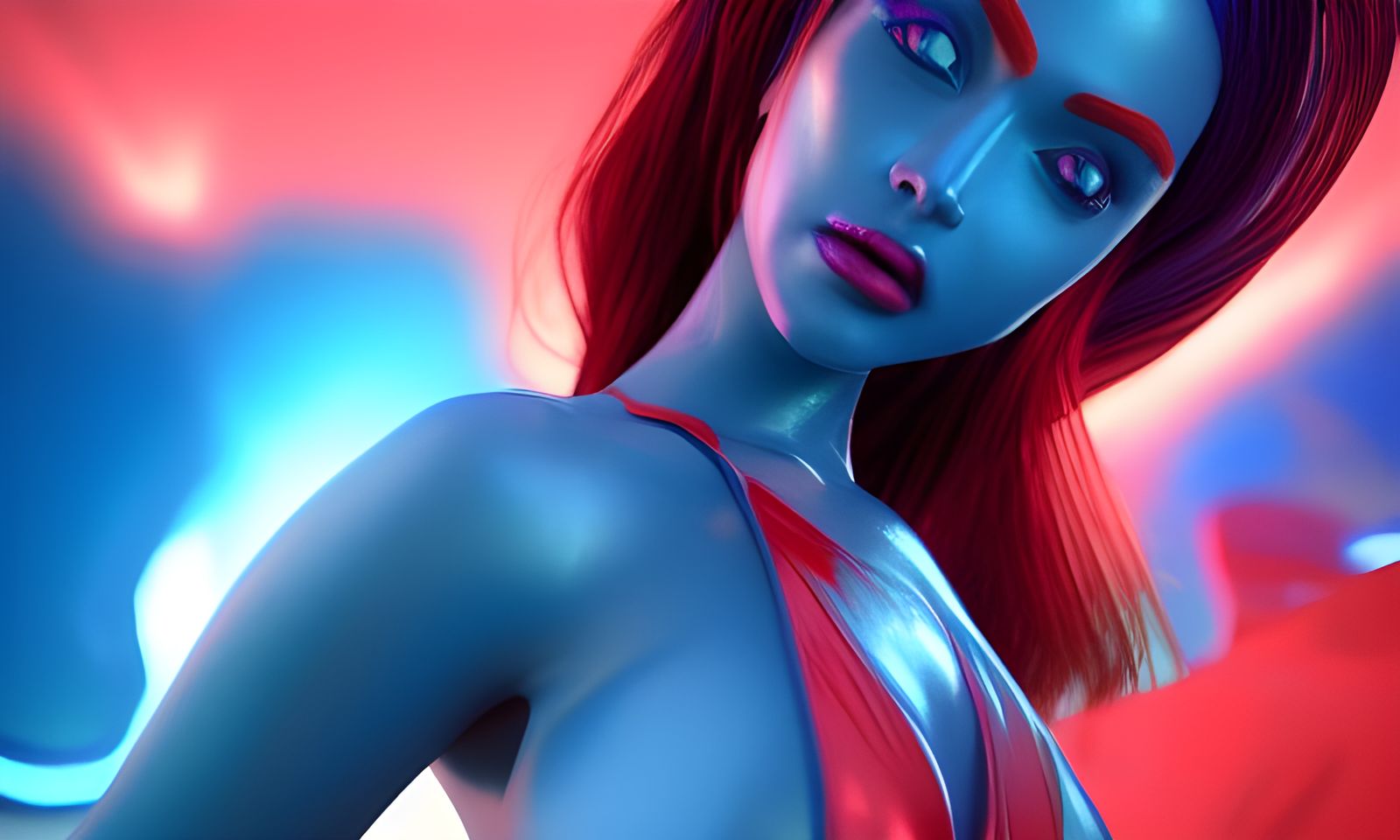 Blue Alien Princess in Metallic Bikini, Photorealistic Rende...