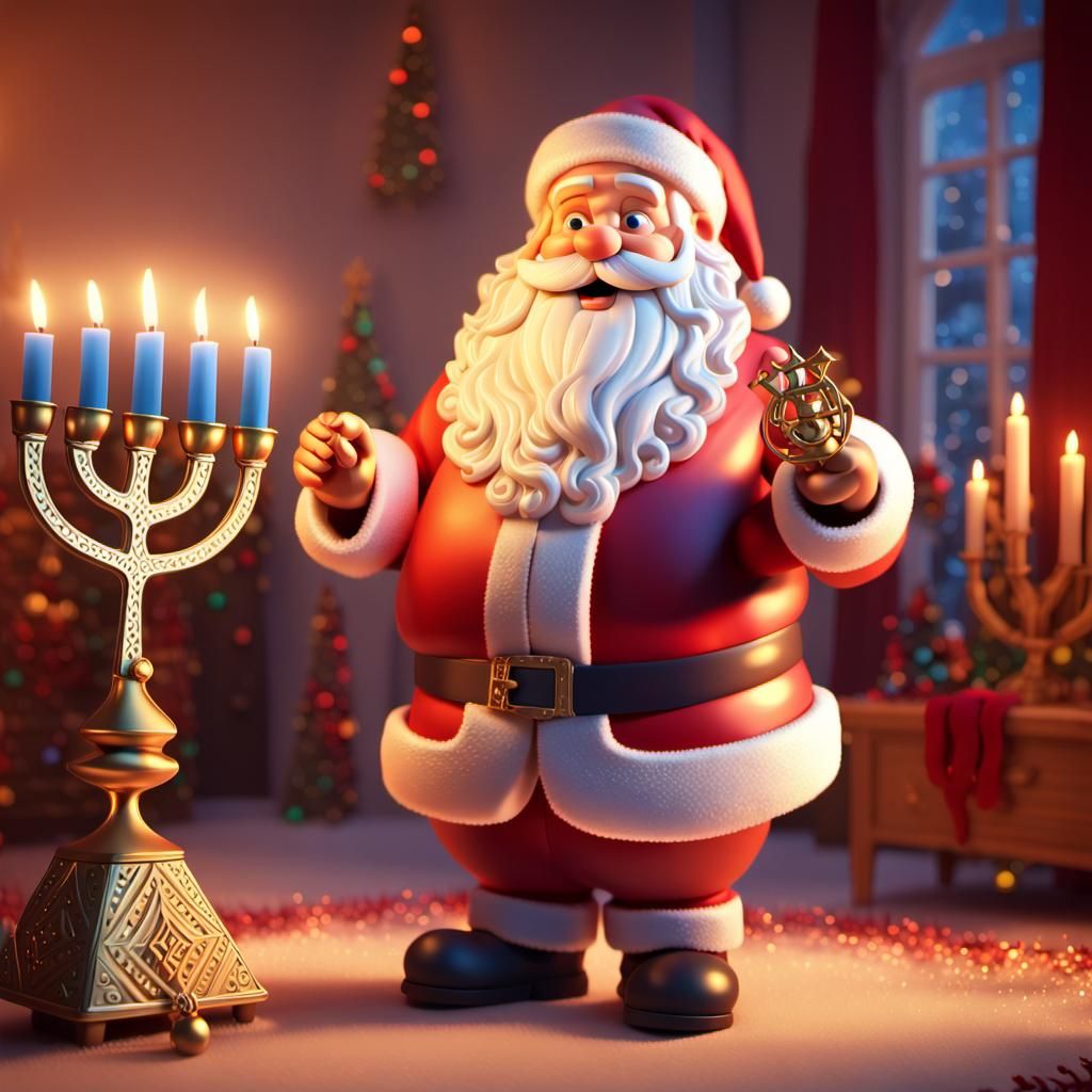 Santa Claus Holding Menorah, Pixar-Style 3D Art
