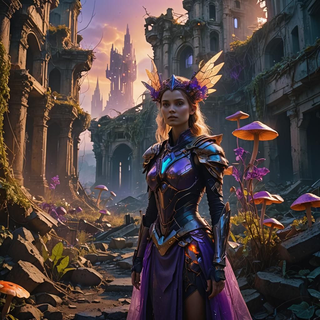 Futuristic Fairy Queen in Ruined City