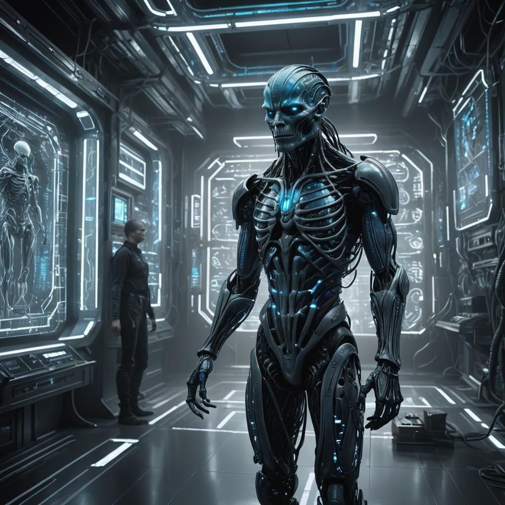 Luminous DNA Creature in Futuristic Lab: Dark Fantasy Art