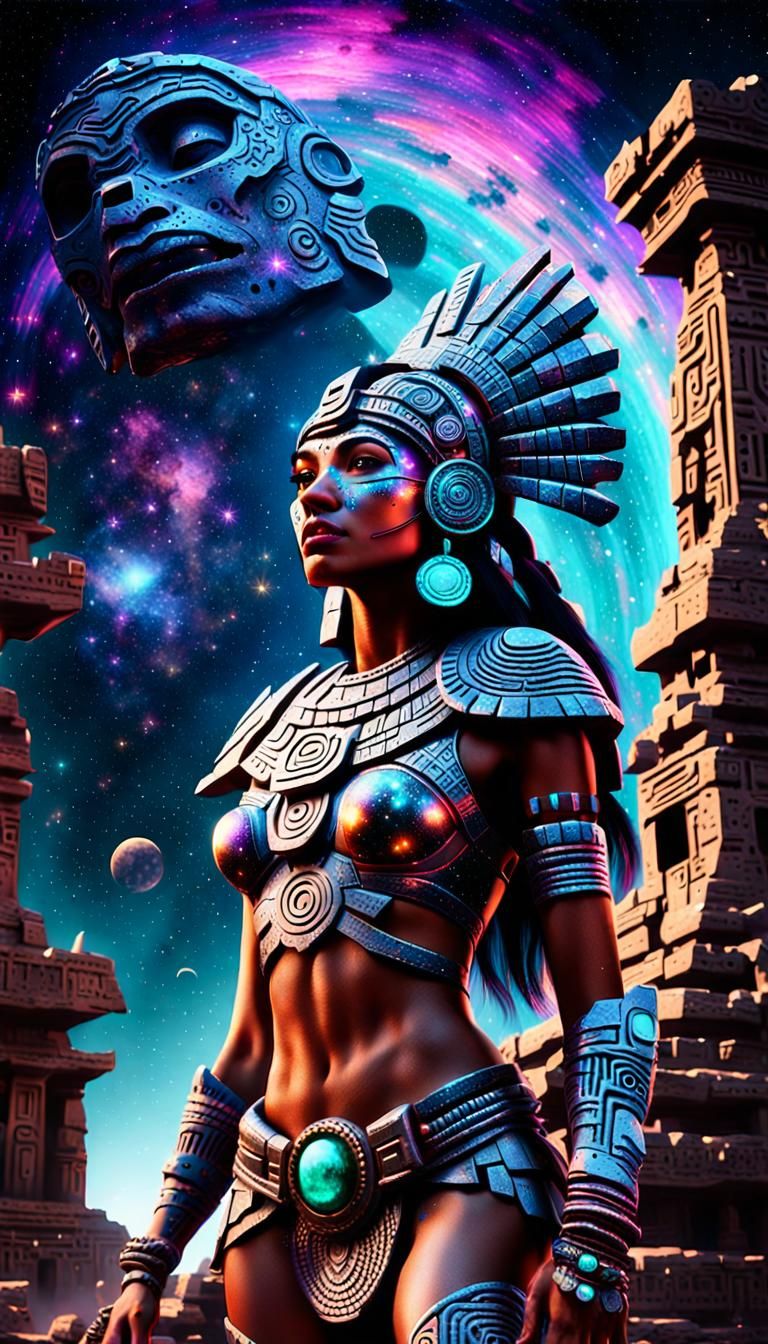Aztec Star Girl and Cyborg in Deep Space