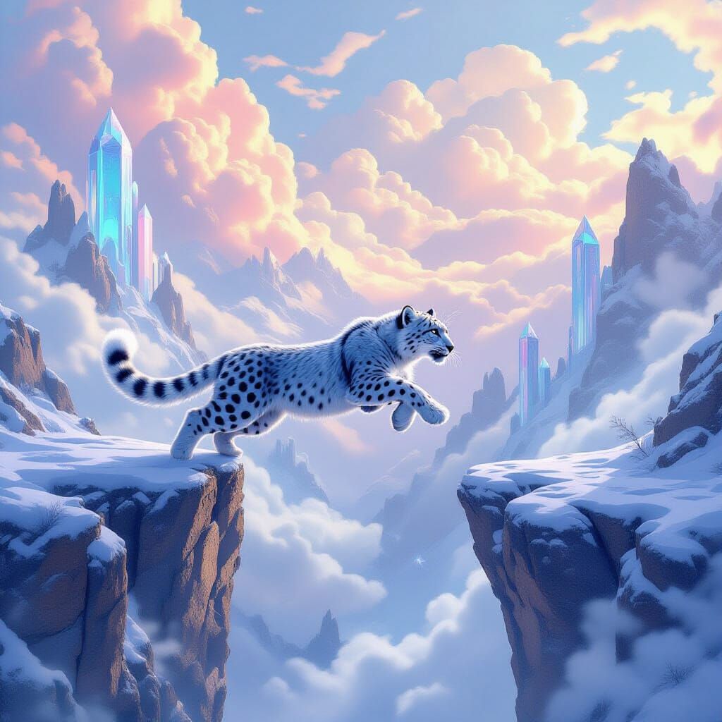 Ethereal Snow Leopard Spirit Leaping Between Floating Island...