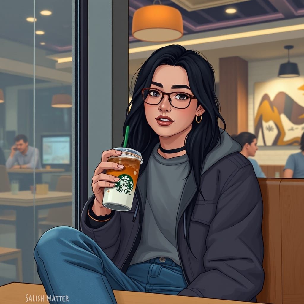 Salish Matter Drinks Starbucks in Coffee Shop