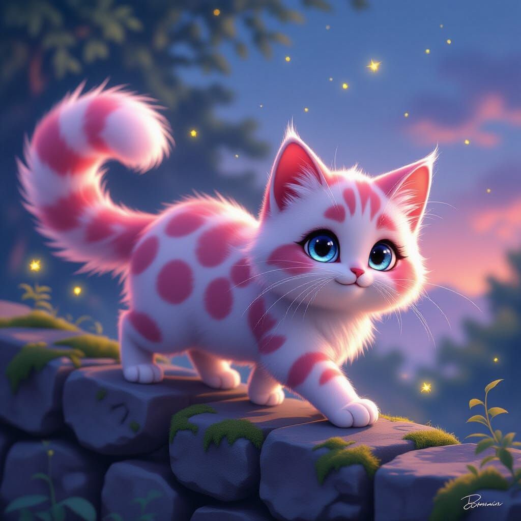 Pink Spotted Cat Prowls in Anime Style