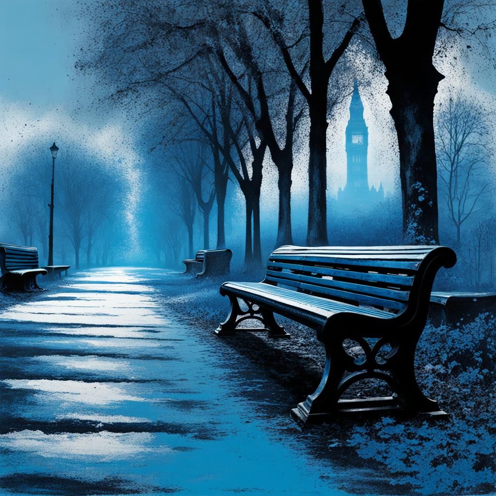 Blue Post-Apocalyptic City Park Bench in Oils