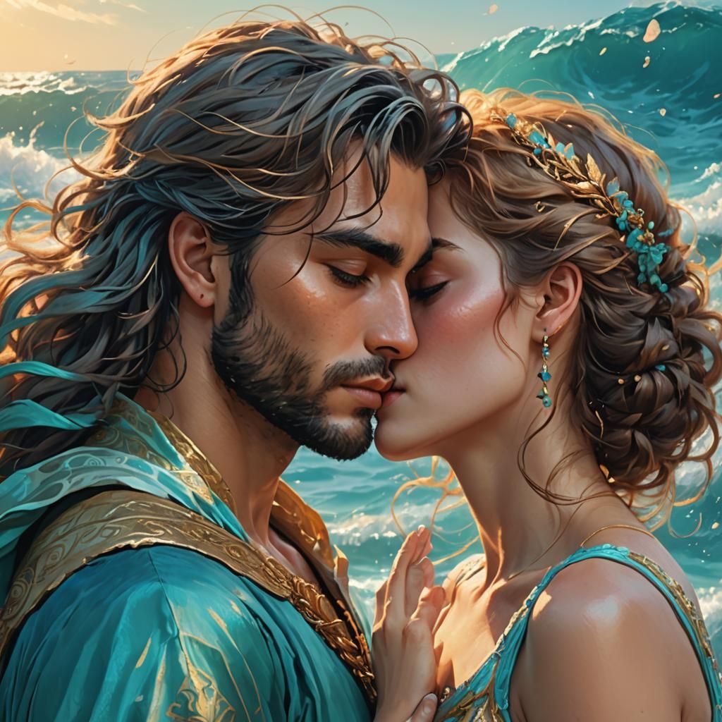 Romantic Kiss at Ocean Edge: Fantasy Art