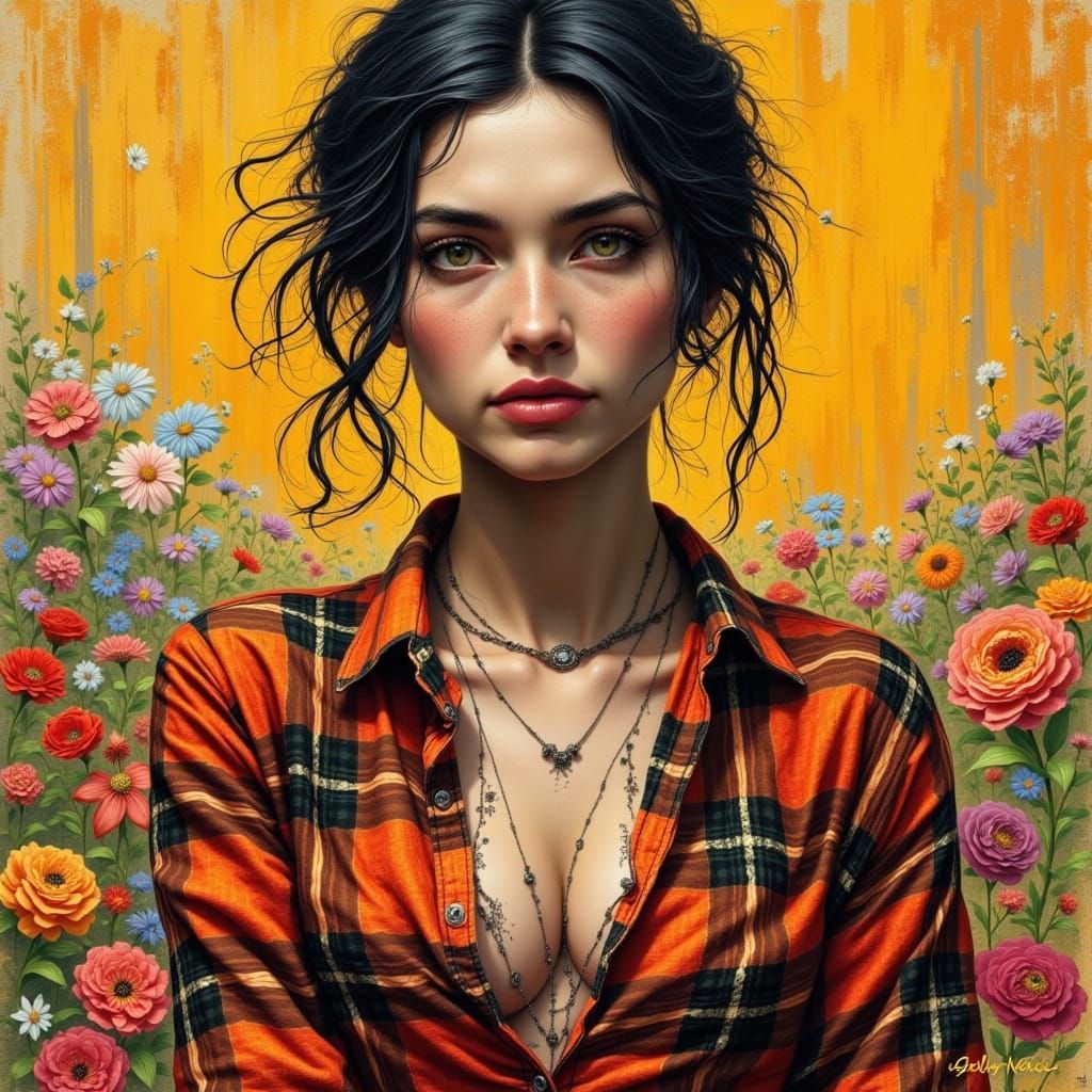 Neo-Expressionist Portrait in Crosshatched Ink and Vibrant I...