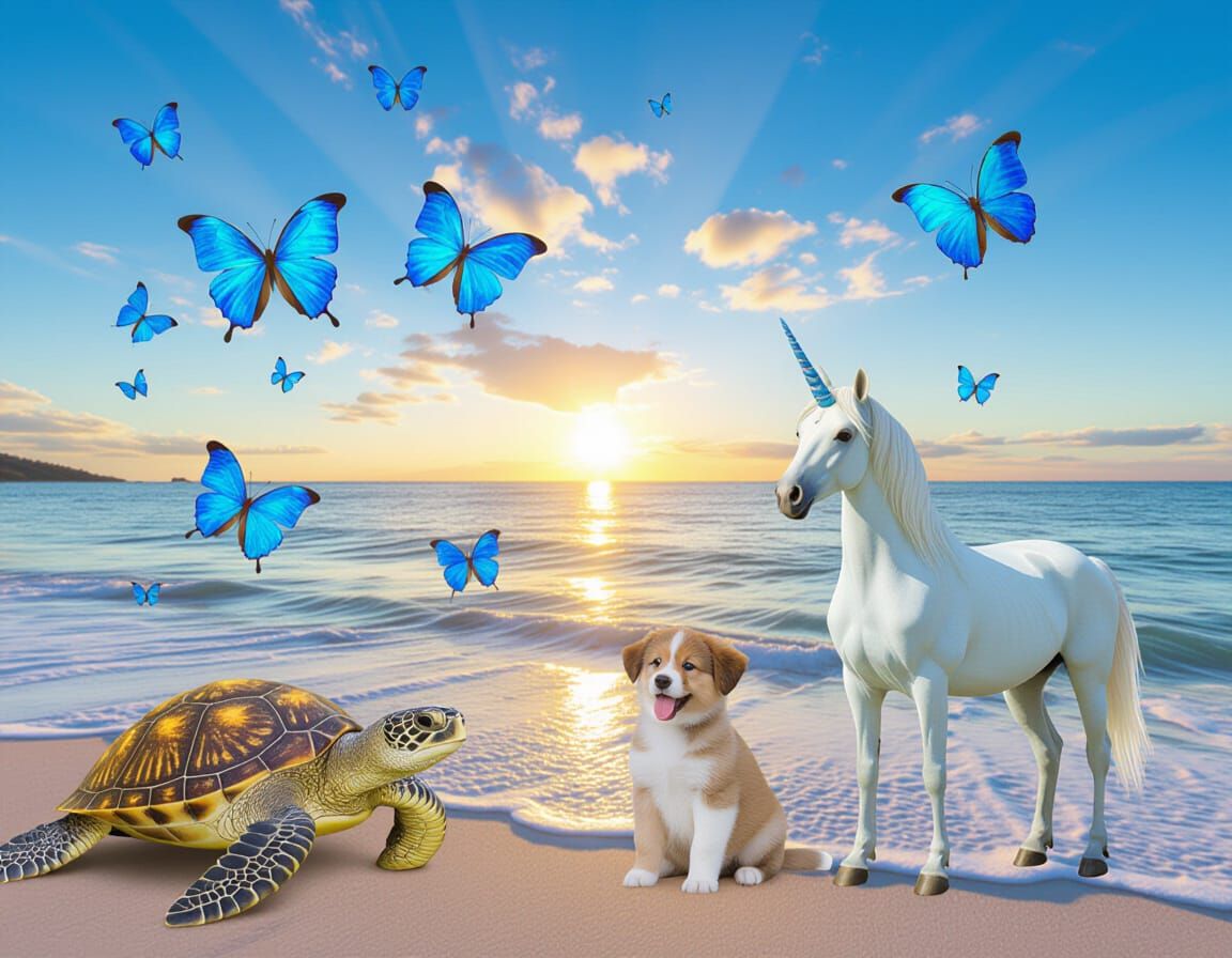 Azure Scene: Blue Unicorn, Dog, Turtle, and Butterflies
