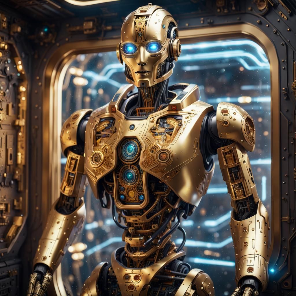 Robot on Spaceship with Gold Circuitry in 8K