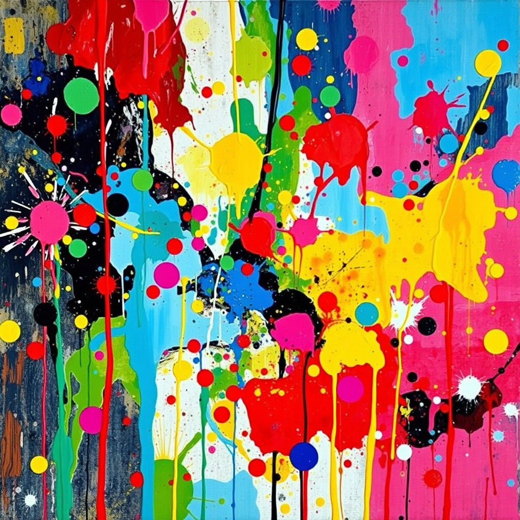 Abstract Expressionism with Vibrant Splatters and Metallic A...