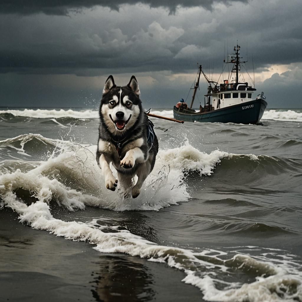 Husky Running From Wave in Moody Cinematic Scene