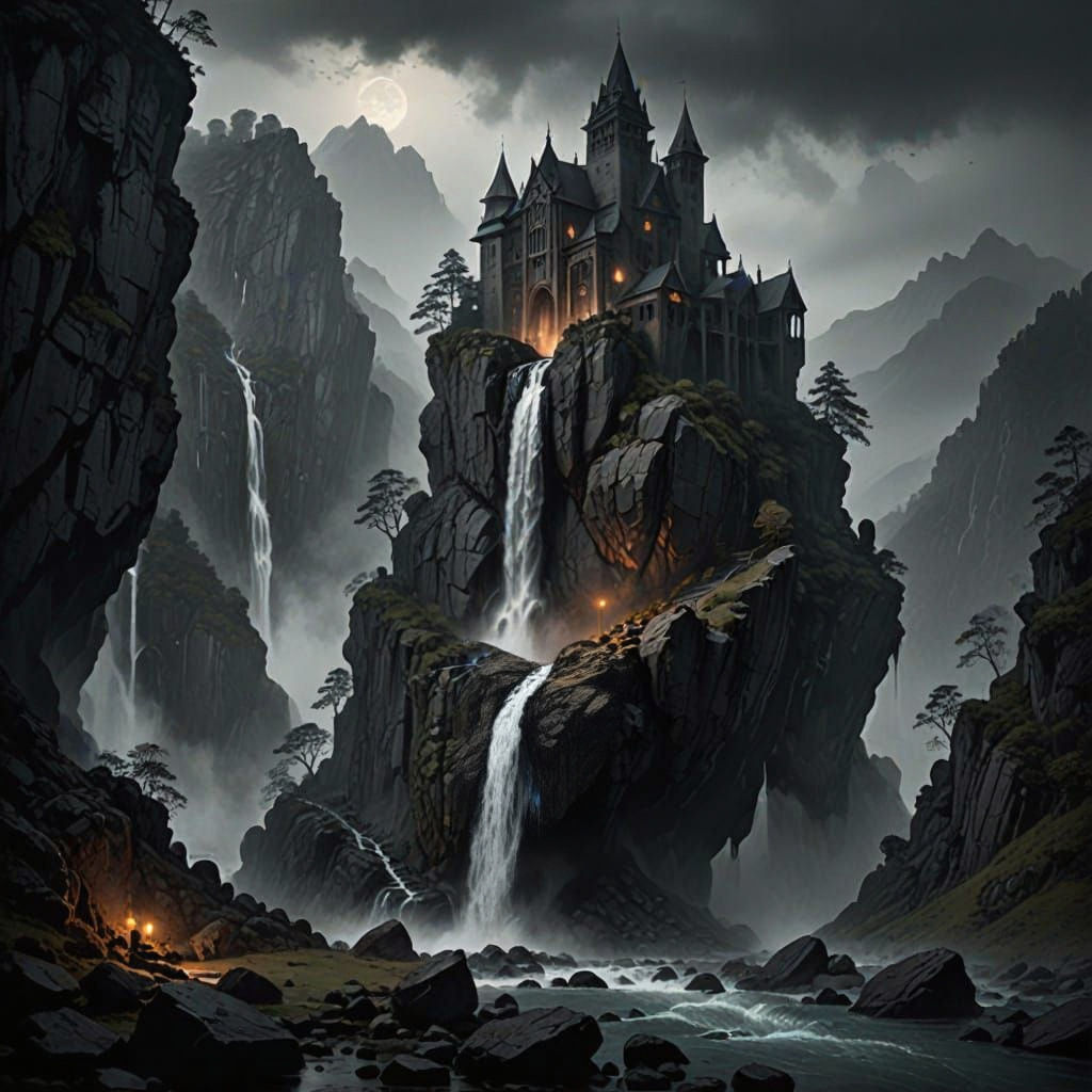 Skull Mountain Waterfall in Dark Fantasy Style