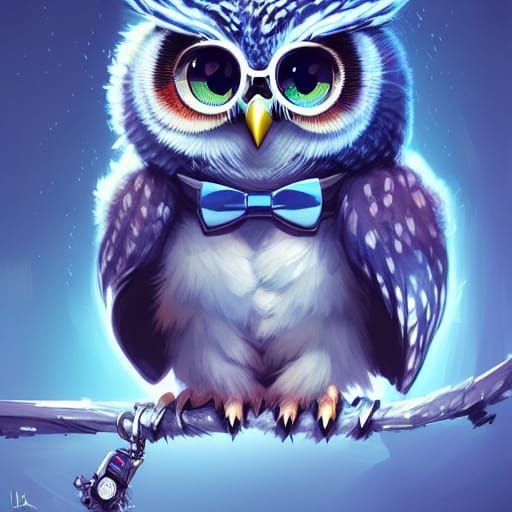 Chibi Owl Portrait with Book in Auroracore Style