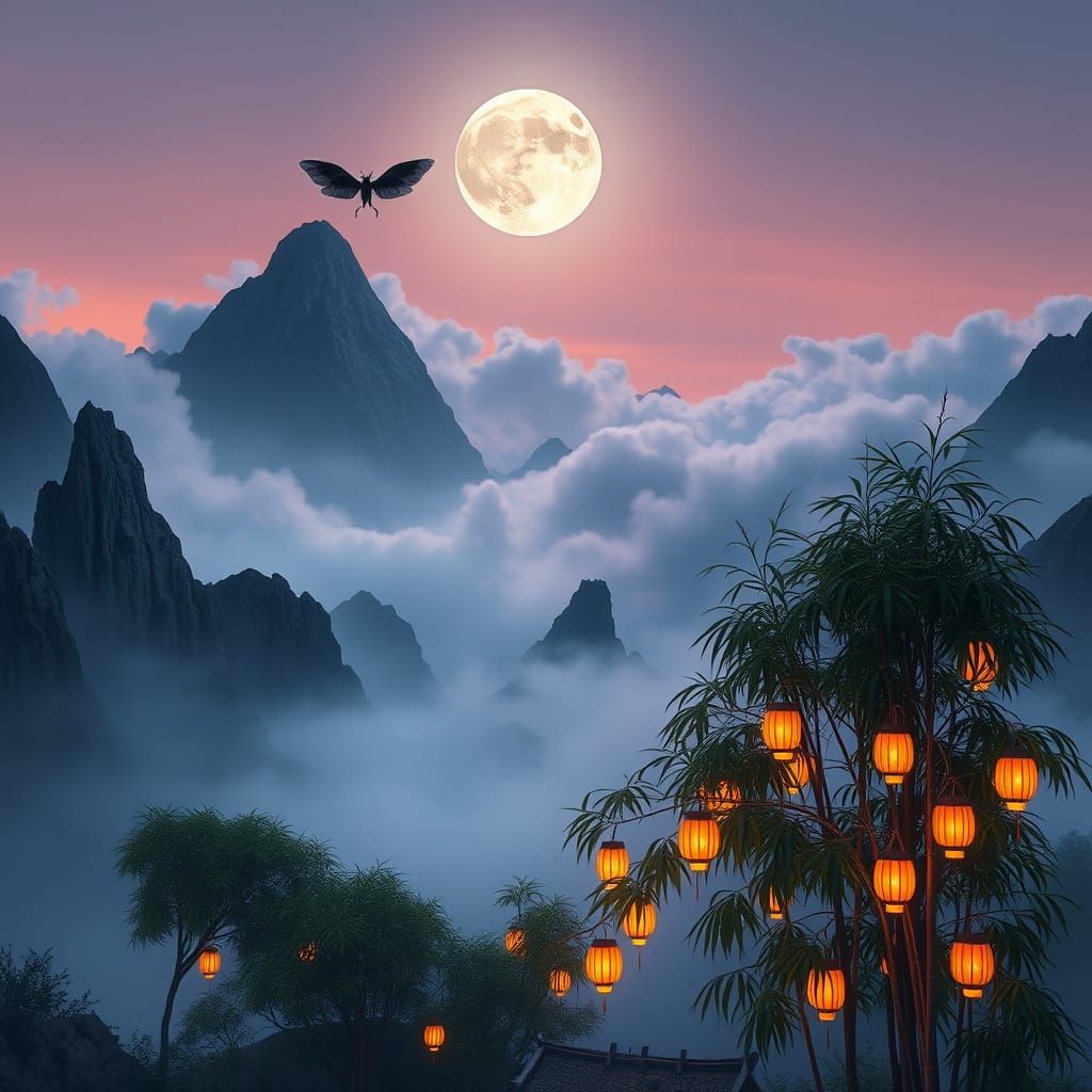 Misty Mountainscape at Dusk with Glowing Moon and Dragonfly ...