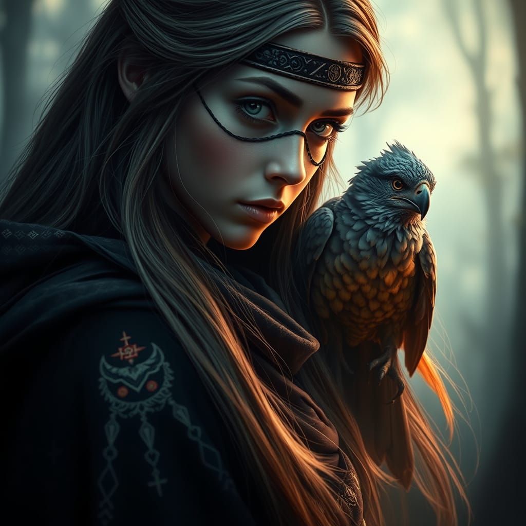 Mysterious Woman in Misty Forest with Bird