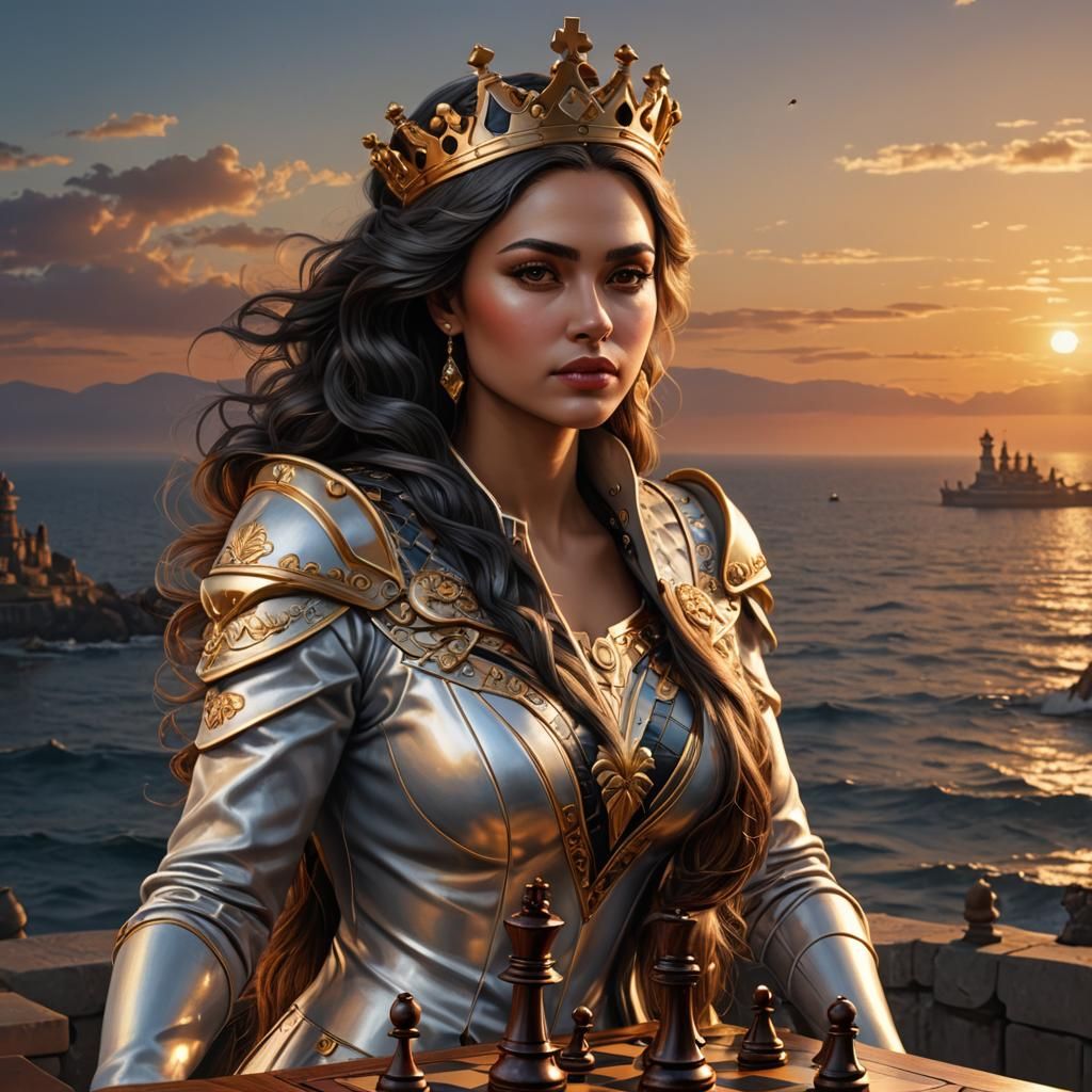 Chess Queen at Sunset: Hyperrealistic and Detailed