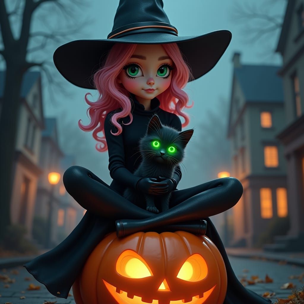 Realistic Witch with Kitten on Halloween Night