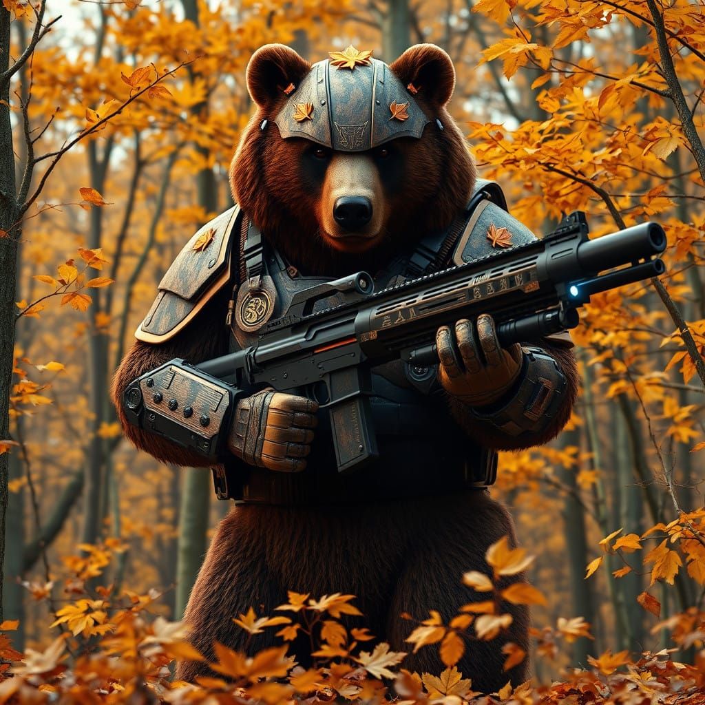 Cyberpunk Bear in Autumn Camouflage Armor