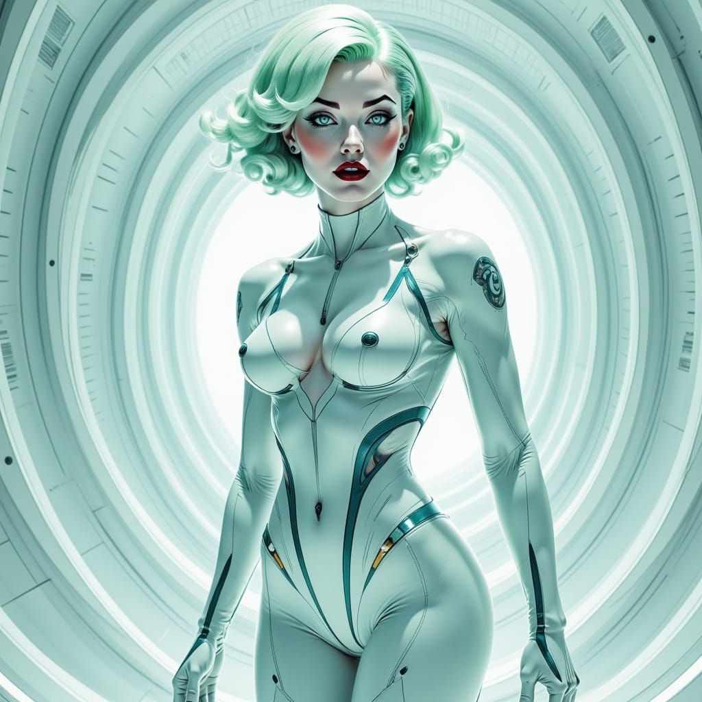 Futuristic Woman in Modern Glass Building