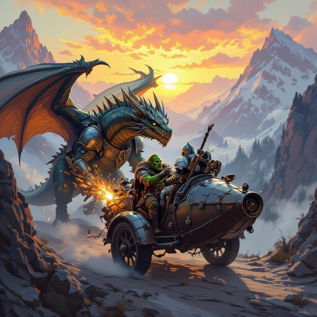 Orc Artificer Rides Dragon Sidecar With Knight Cavalier