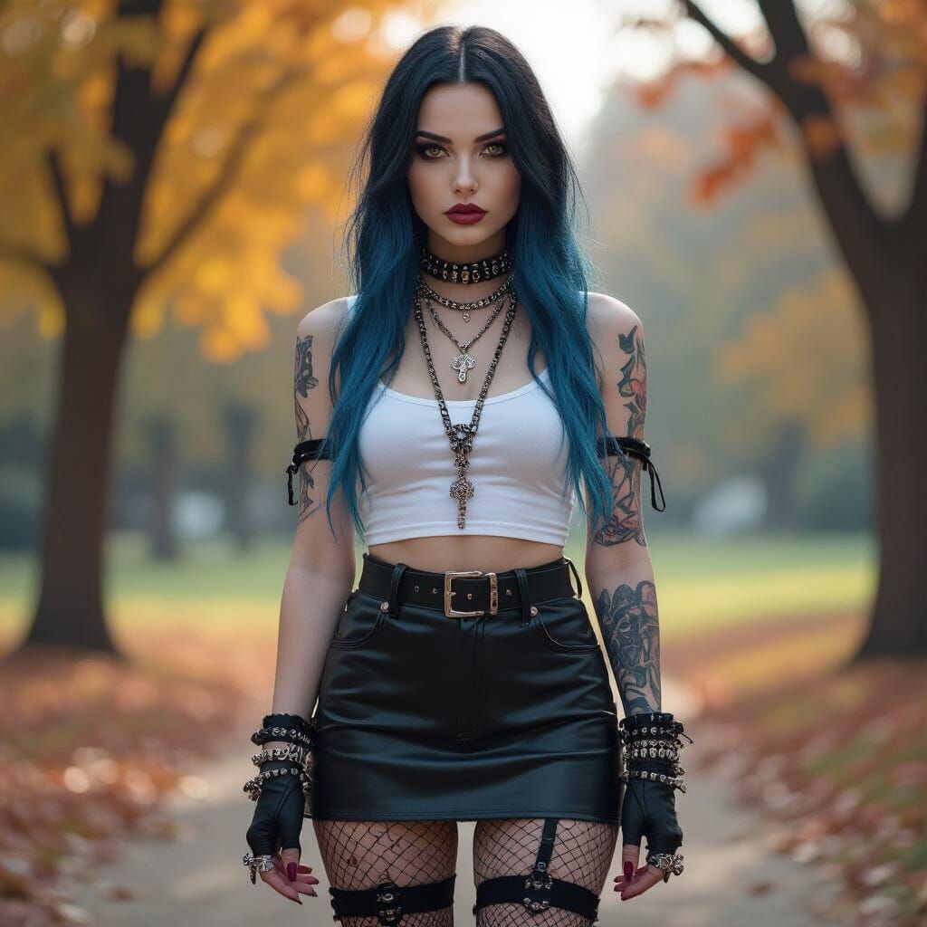 Goth Girl Nomi in Autumn Park, High Contrast Black and White