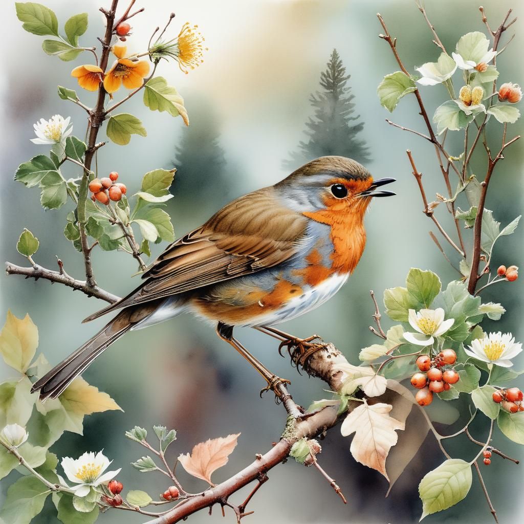 Watercolor Robin Illustration in Naturalistic Style