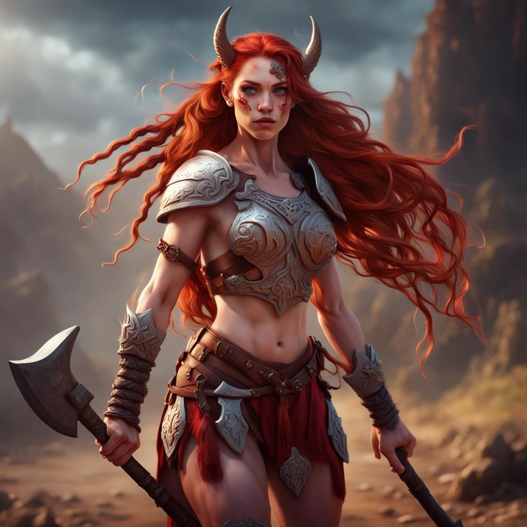 Red Haired Warrior Woman with Axe: Fantasy Art