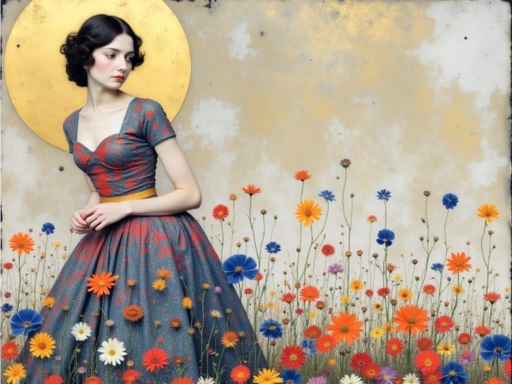 Woman with Floral Background in Klimt Style