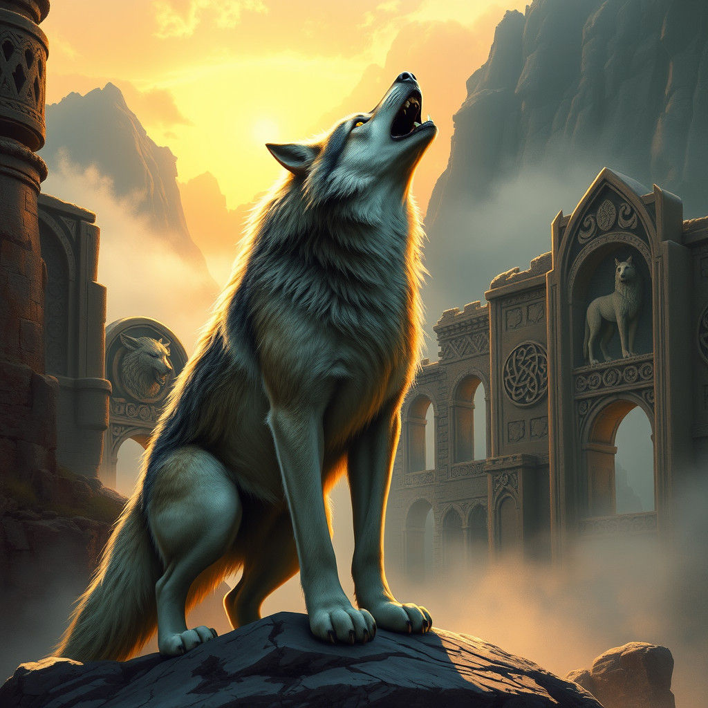 Heroic Wolf Howl at Sunset in Celtic Ruins
