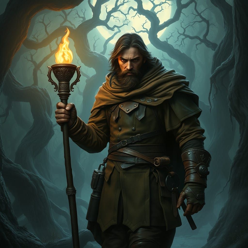 Mystical Forest Watcher in Dark, Dreamlike Landscape