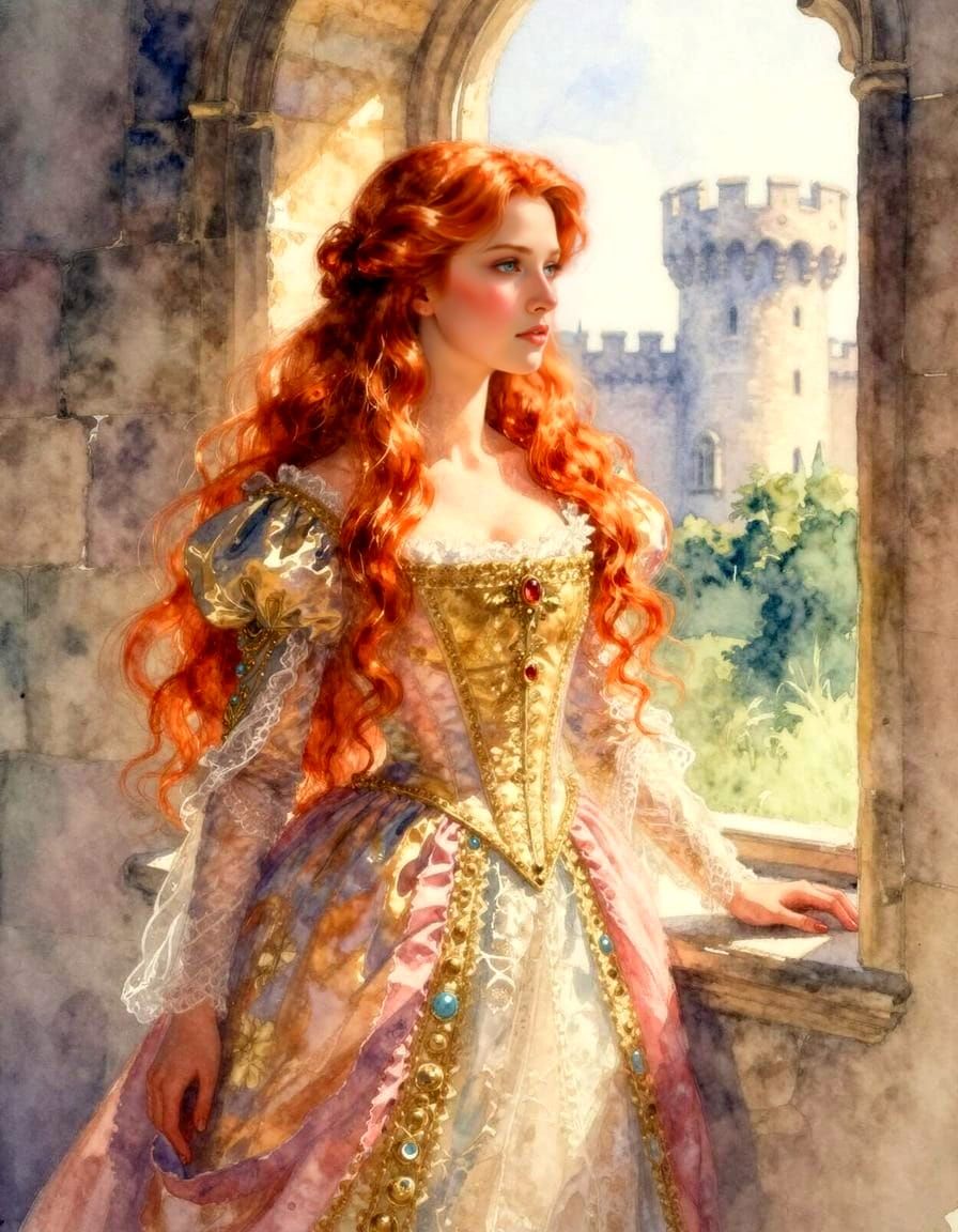 Watercolor Princess Gazing from Castle Window