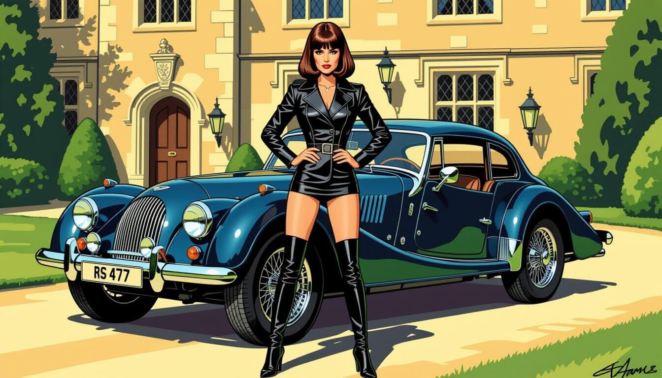 British Spy and Classic Car in Comic Book Style