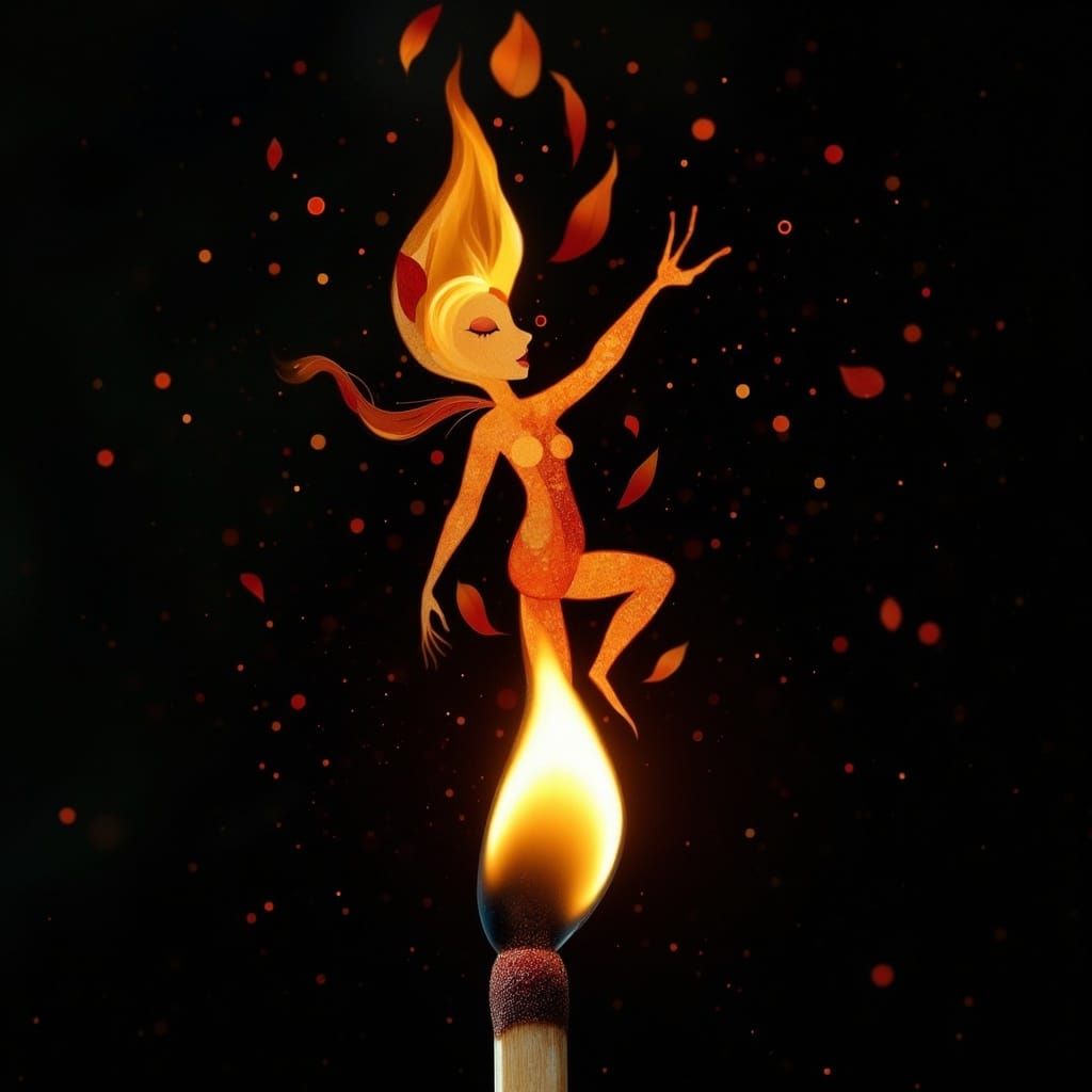 Flaming Dancer on Match Head in Earth and Teal