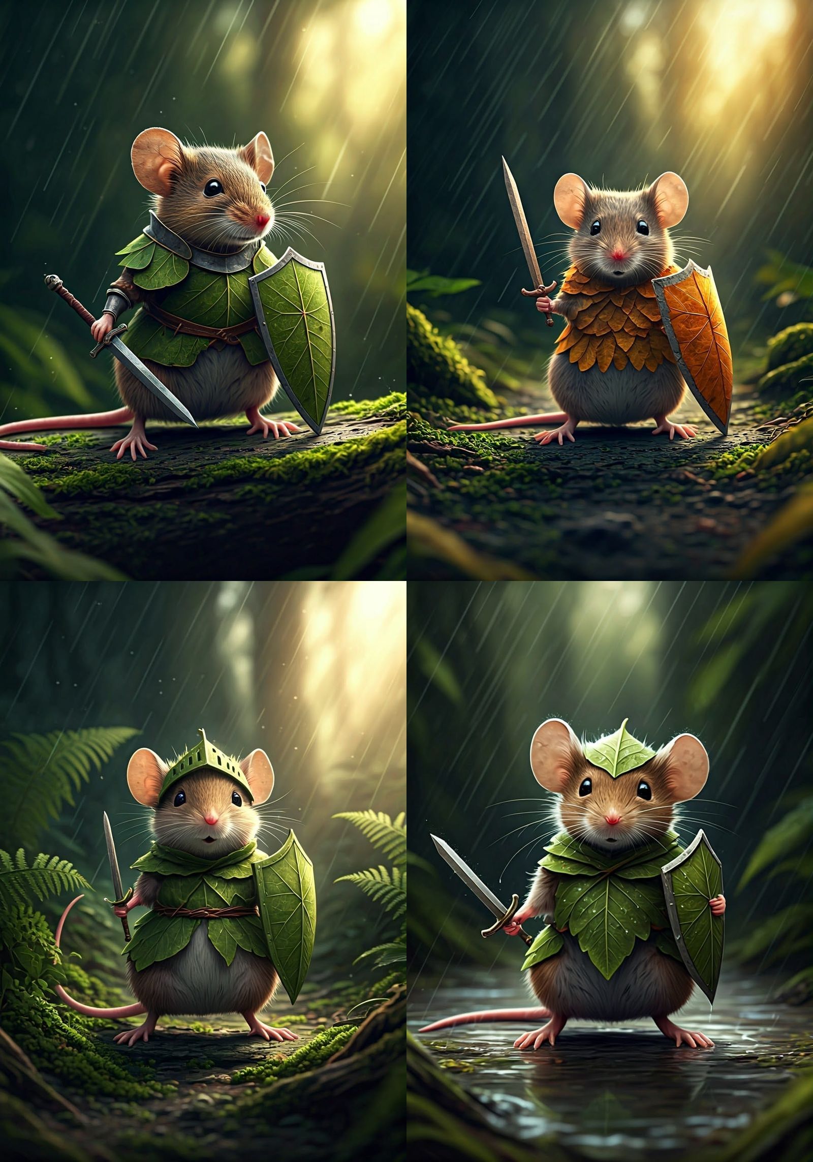 Whimsical Mouse Knight in a Rainy Forest