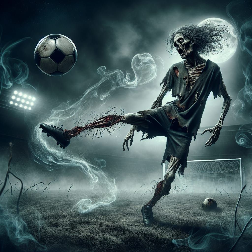 Zombie Soccer Player Kicks Ball in Eerie Stadium