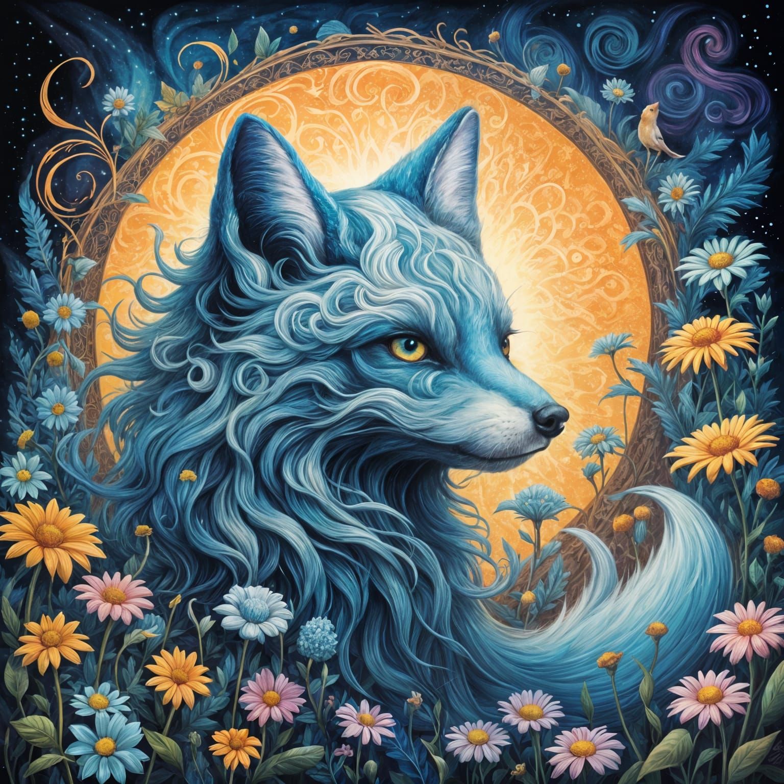 Surreal Celestial Fox in Vibrant Wildflower Field
