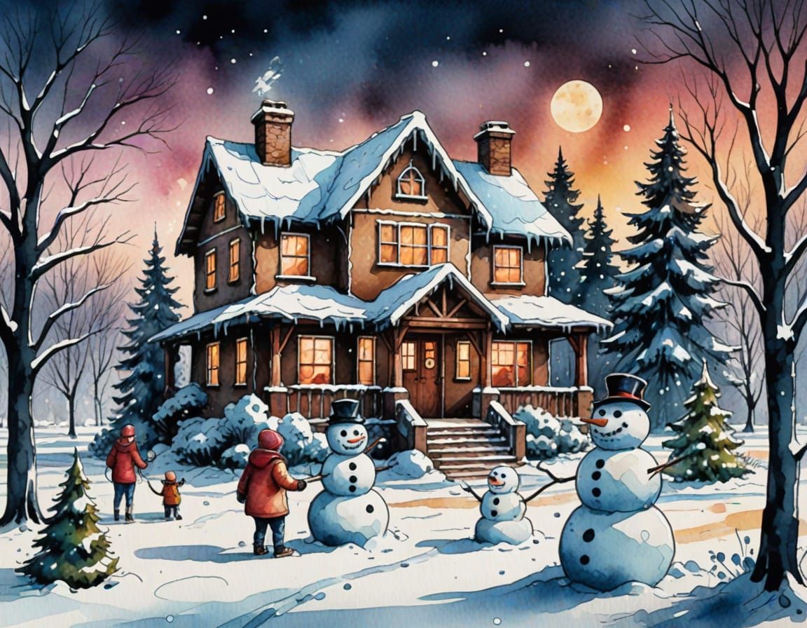 Gingerbread Figures Build a Snowman in Winter Wonderland