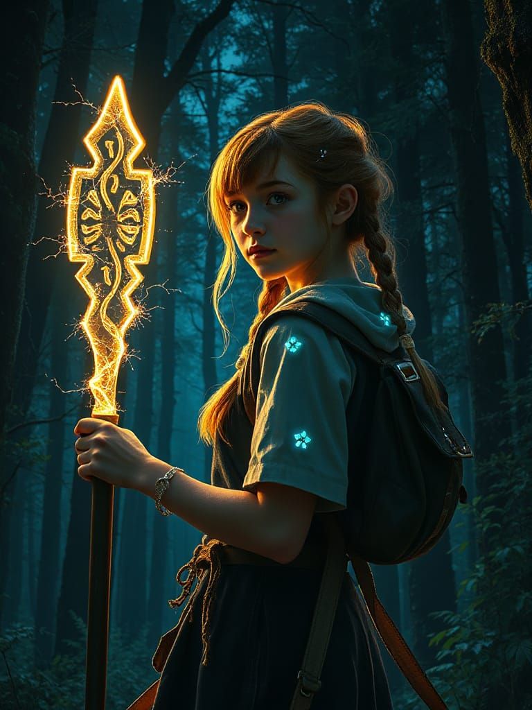 Cybernetic Girl in Bioluminescent Forest with Energy Staff