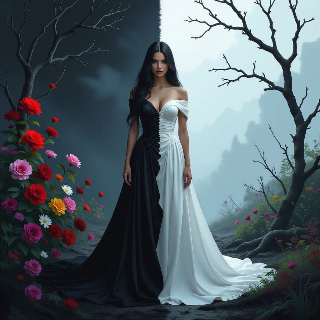 Duality of Life and Death Woman in Surreal Dystopian Style