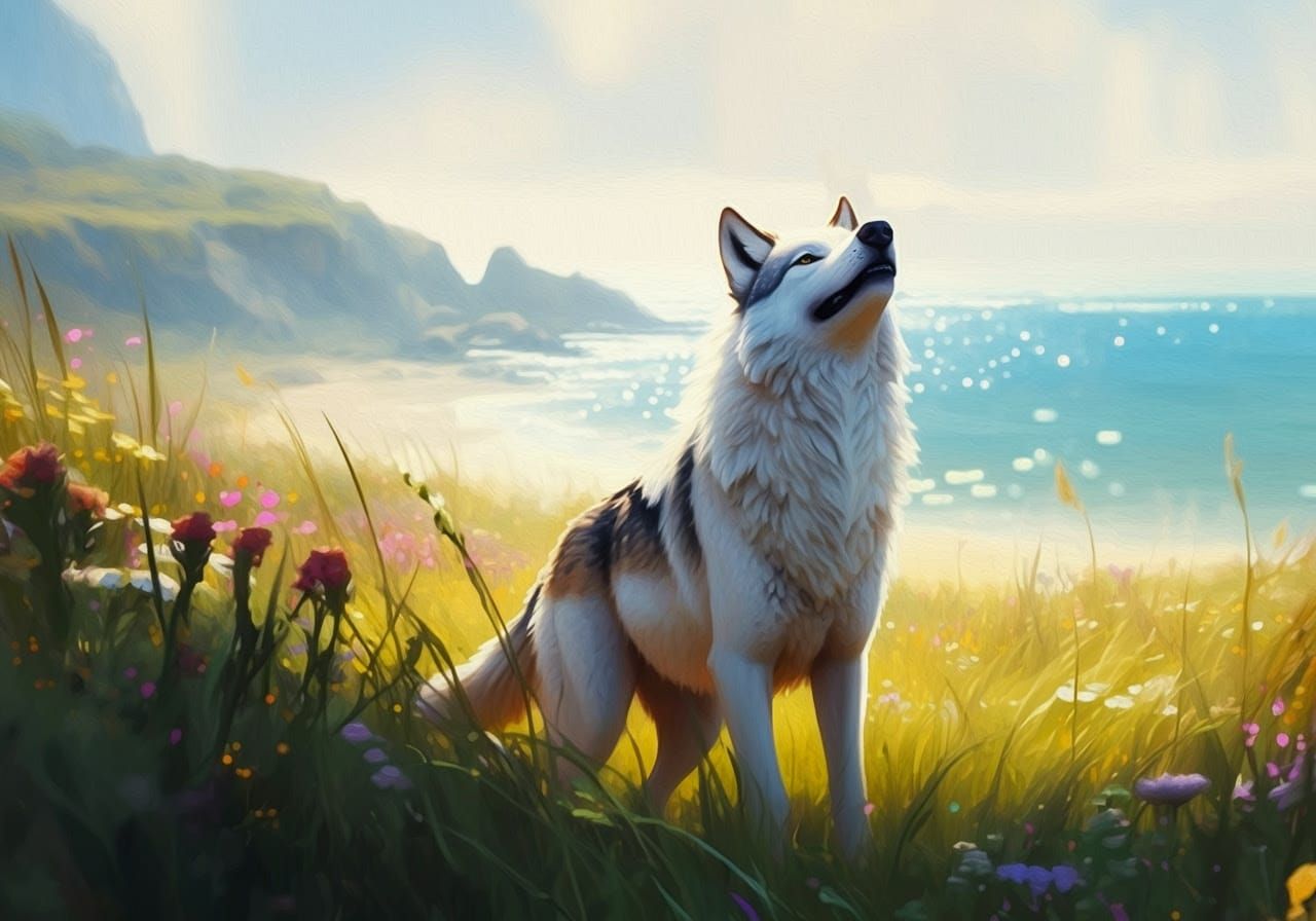 Wolf in Wildflower Meadow, Impressionist Watercolor