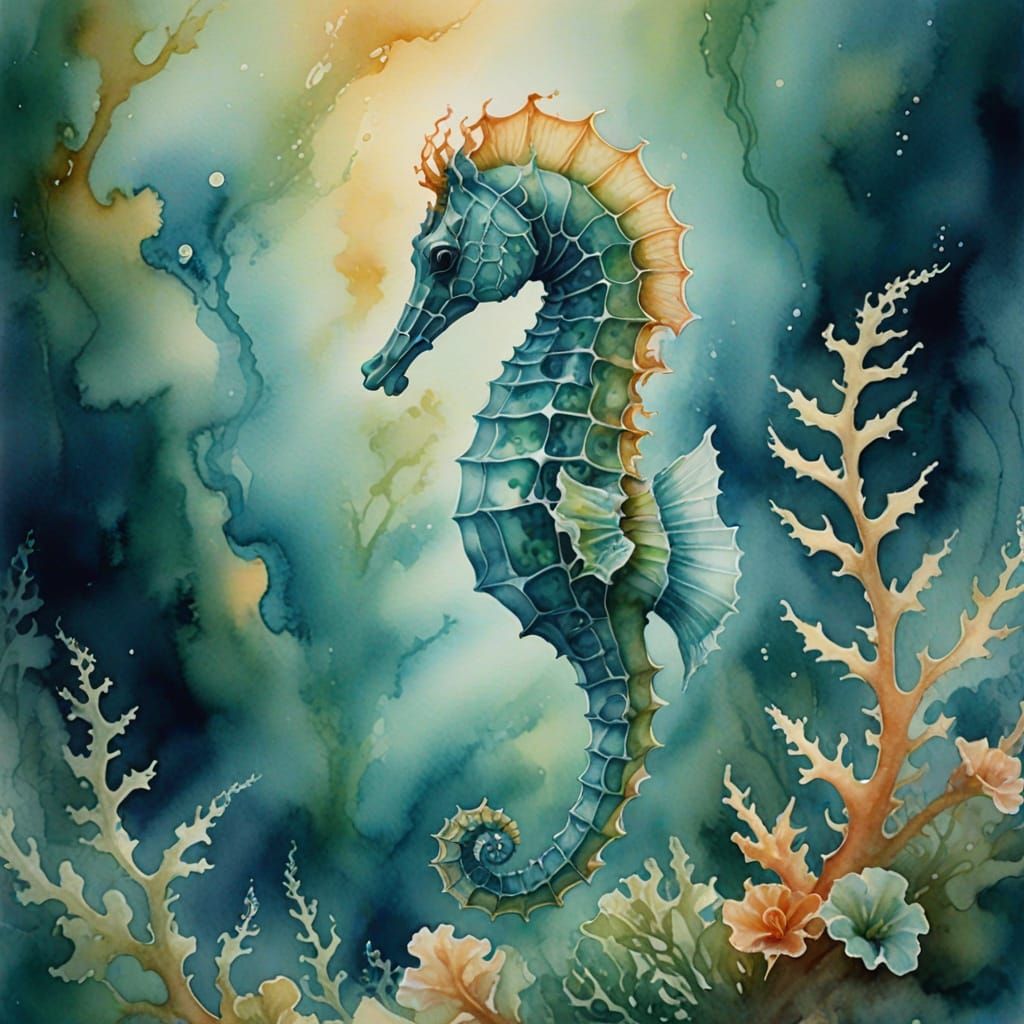 Dreamlike Seahorse in Watercolor Style
