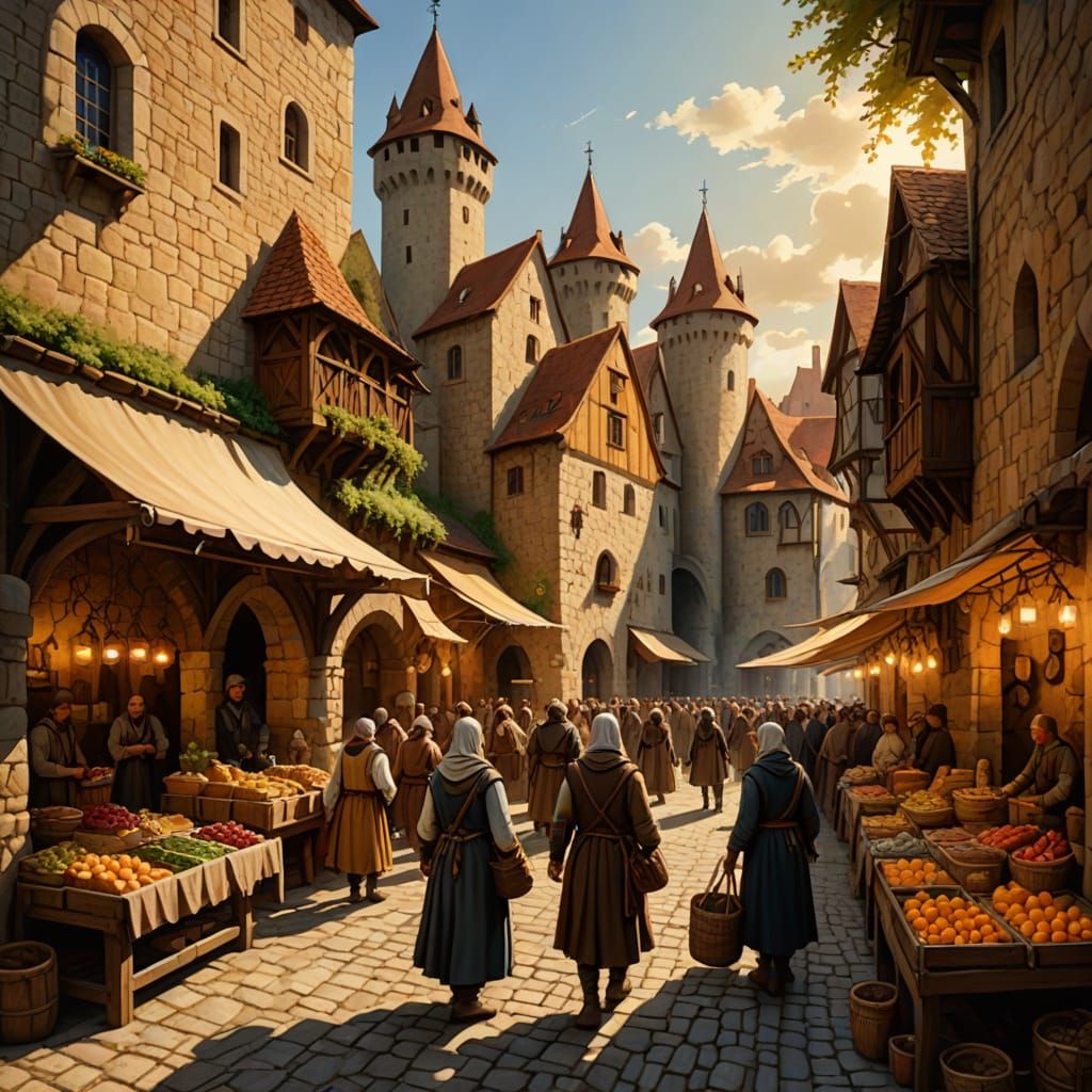 Vibrant Medieval Market in Oil Painting Style