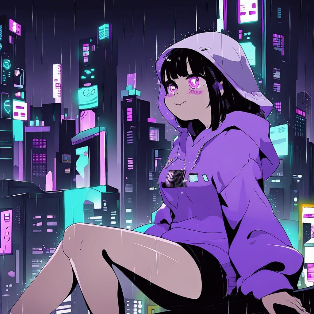 Anime Woman in Rainy Cyberpunk Cityscape