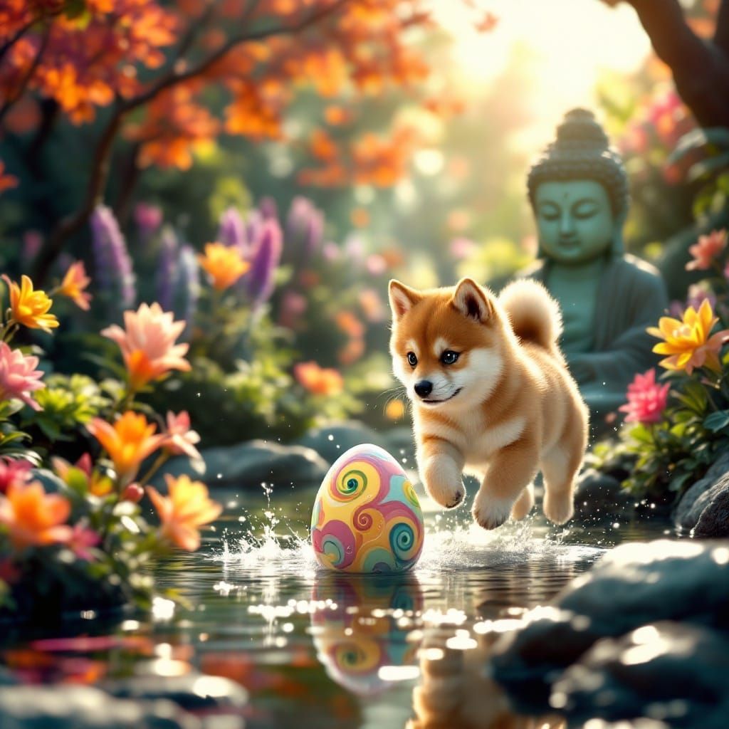 Shiba Inu Puppy Chases Easter Egg in Serene Japanese Water G...